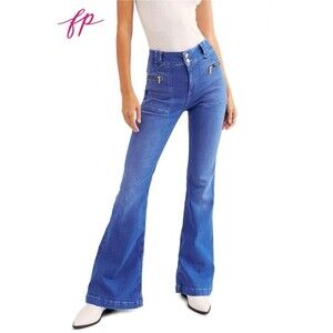 Free People Layla Flare Jeans Electric Blue NWT 32 Retro 70s Boho Bell Bottom
